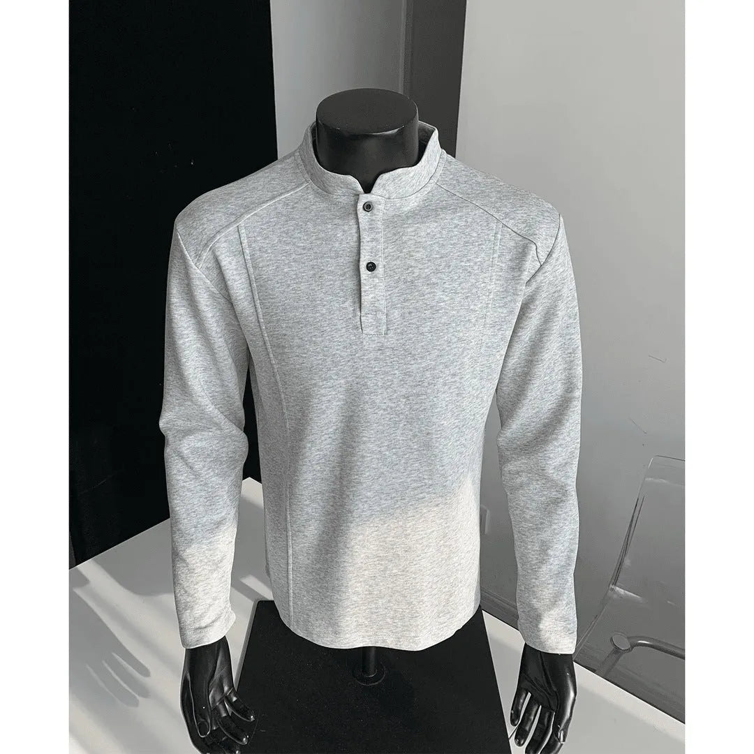 Men's cotton patchwork polo shirt with stand-up collar and asymmetric design in three colour options