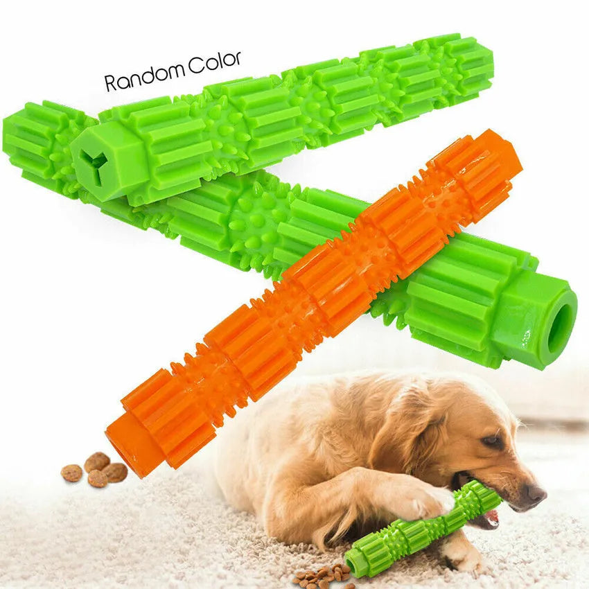 Green natural rubber dog chew toy with hollow centre for treat dispensing and teeth cleaning