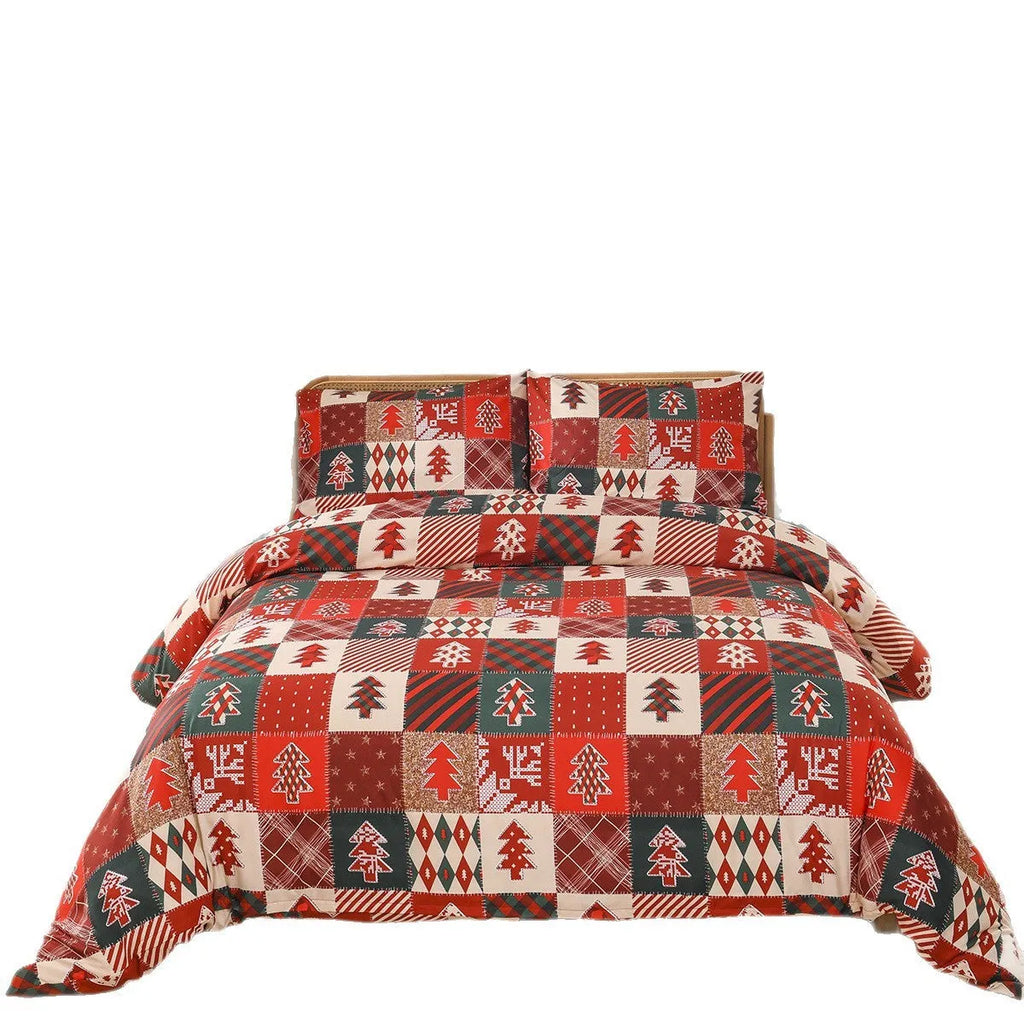 Red plaid Christmas bedding three-piece set showing duvet cover and pillowcases