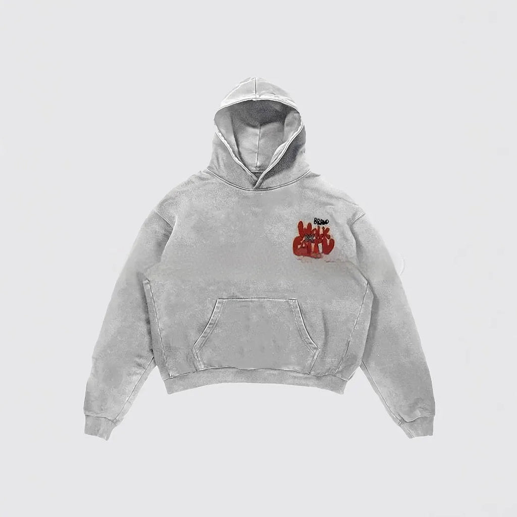 Granny Grey women's hoodie with vintage letter print design and street style pockets