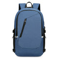 Grey Oxford cloth computer backpack for men on a table, showing front view and size.