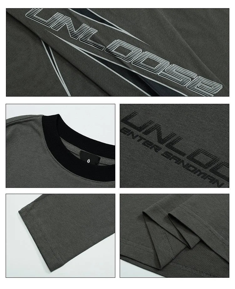 Grey khaki loose fit cotton pullover with drop shoulders, round neck, long sleeves, and a letter print.