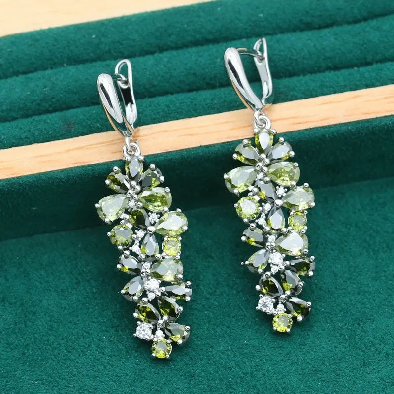 Retro floral jewellery set with alloy pendant, copper-zircon detailing in olive green, purple and multicolour options