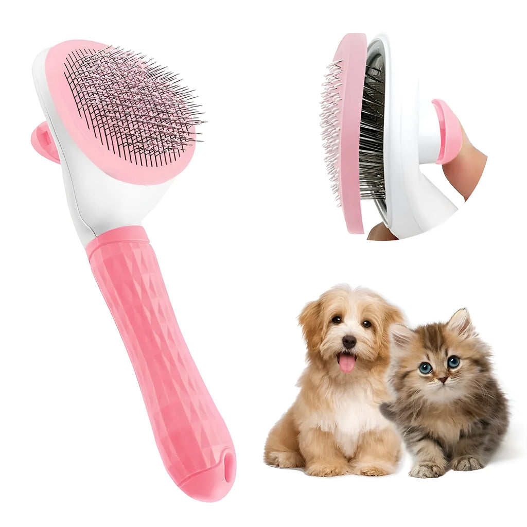 Blue, grey, and pink cat brush with a release button for pet hair removal