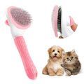 Blue, grey, and pink cat brush with a release button for pet hair removal
