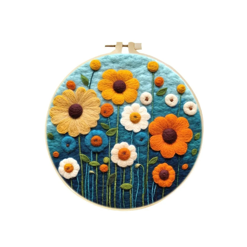 Round linen embroidery kit with wool felt pieces and a 20cm hoop for 3D blanket painting.
