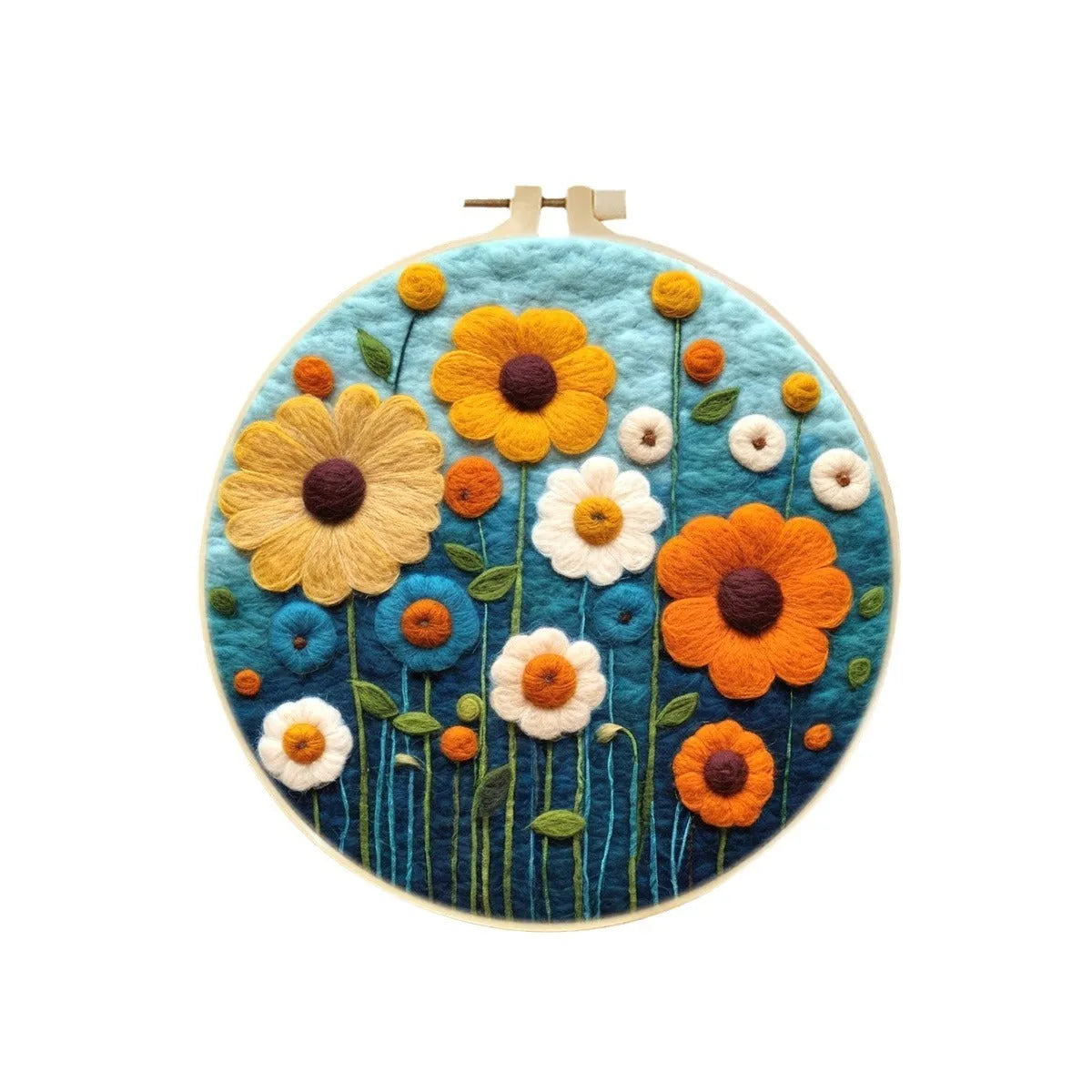 Round linen embroidery kit with wool felt pieces and a 20cm hoop for 3D blanket painting.