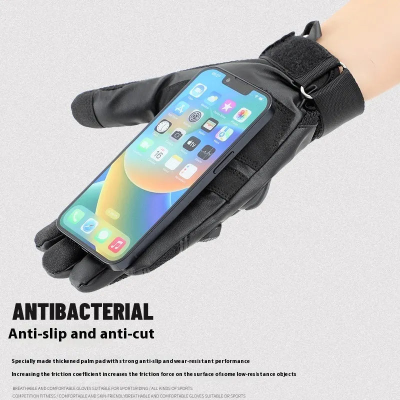 Men's black full finger tactical gloves laid flat, showing touch screen compatible fingertips.