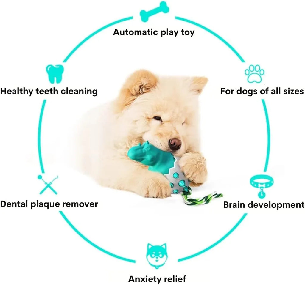 Blue dinosaur-shaped dog chew toy made of nylon and rubber with a rope tail.
