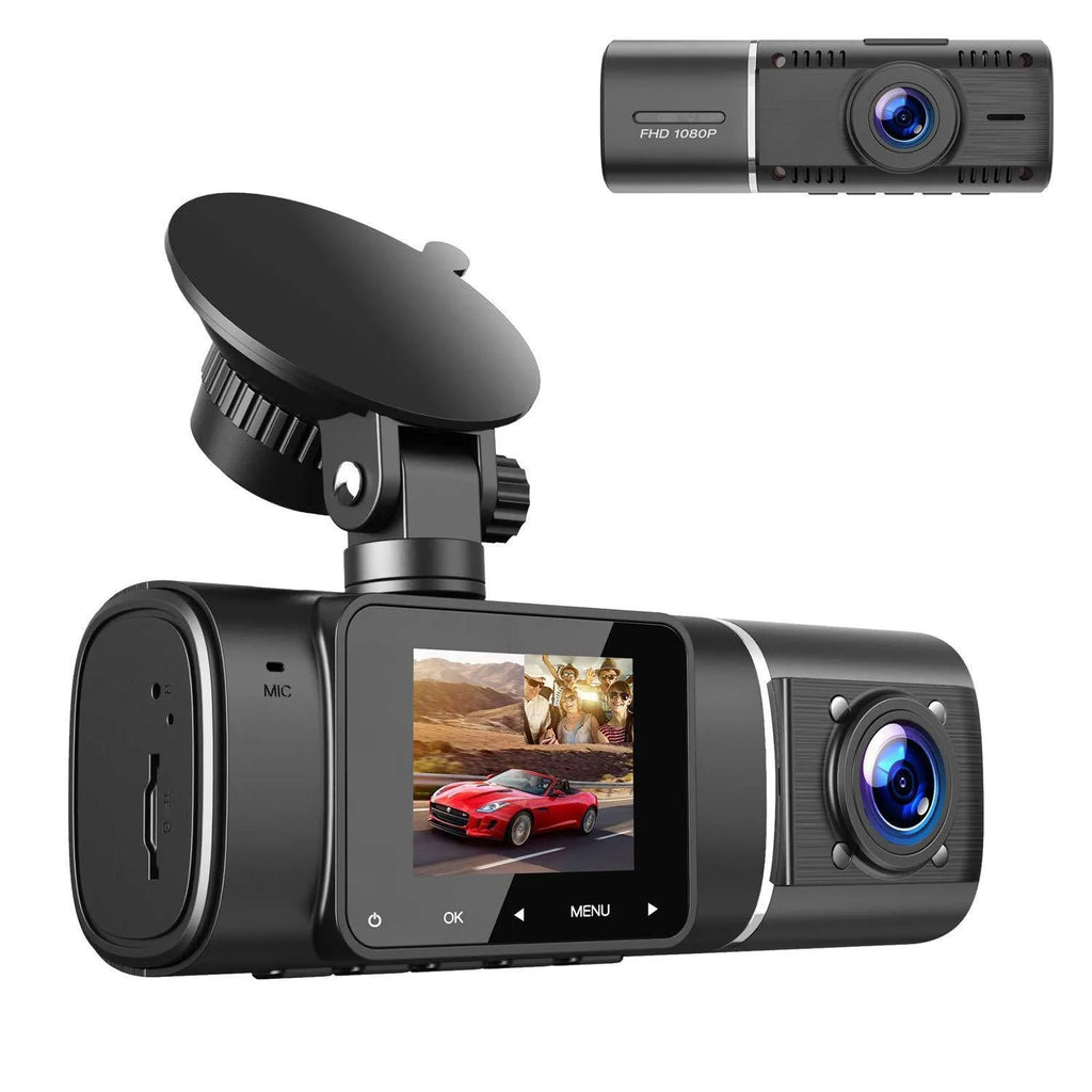Black dual-lens car dash camera for front and rear recording with parking surveillance mode