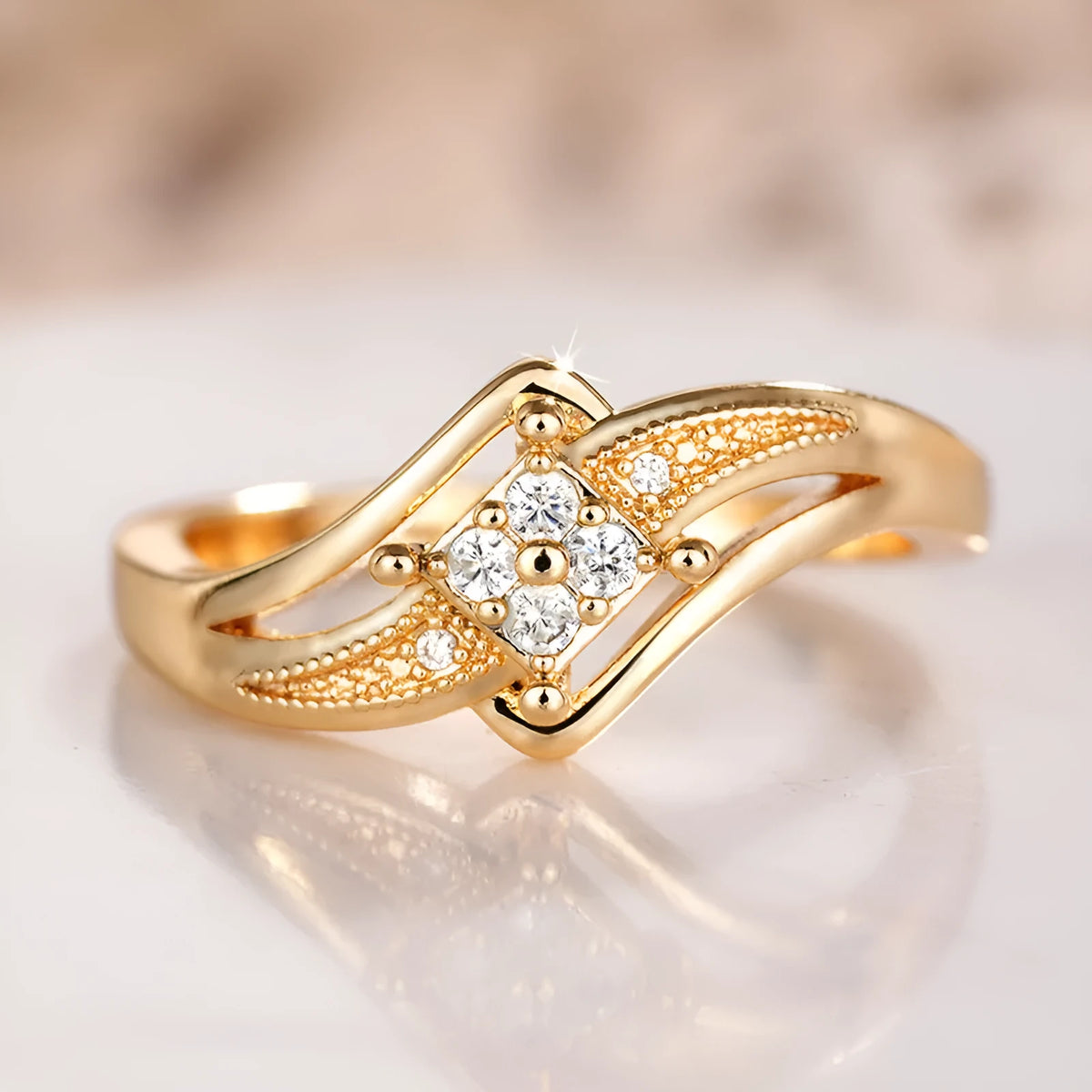 Yellow gold diamond shape copper ring with micro inlaid zircon geometric ornamentation showing line and quadrangle patterns