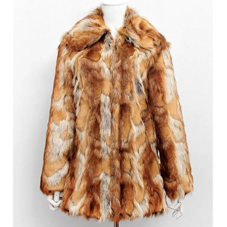 Women's tiger pattern faux fur leather jacket with medium length 65cm cut and long sleeves