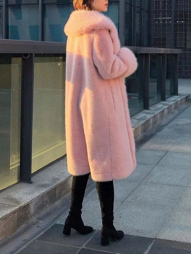 Women's thick grey faux rabbit fur mid-length coat with a fur collar