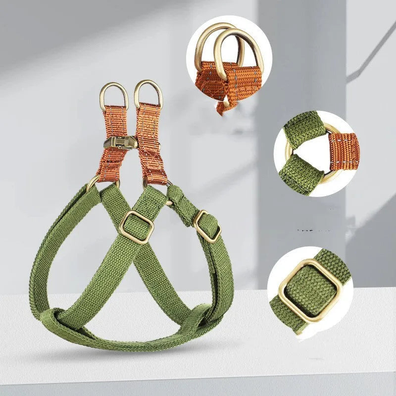 Brown vest style anti loss dog leash made of cotton and nylon with metal clasp.