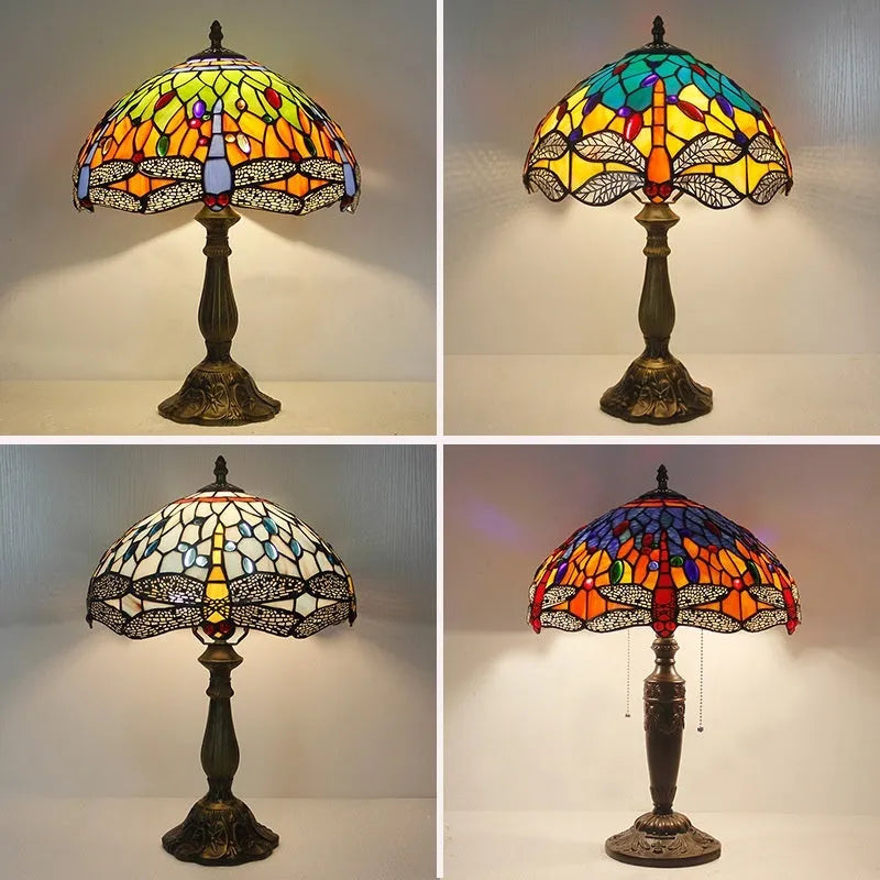 Stone table lamp with Tiffany-style blue dragonfly design on base