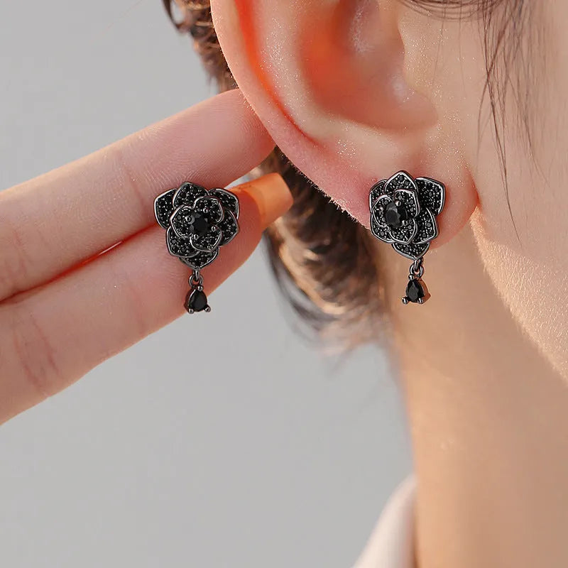 Black rose zircon stud earrings with flower design and 18K gold colour electroplated finish
