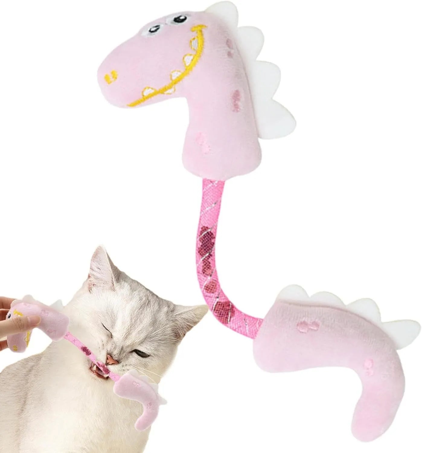 Four cat toys bundle including plush mouse, fish, bunny, and rope toy in pink, purple, or yellow colours