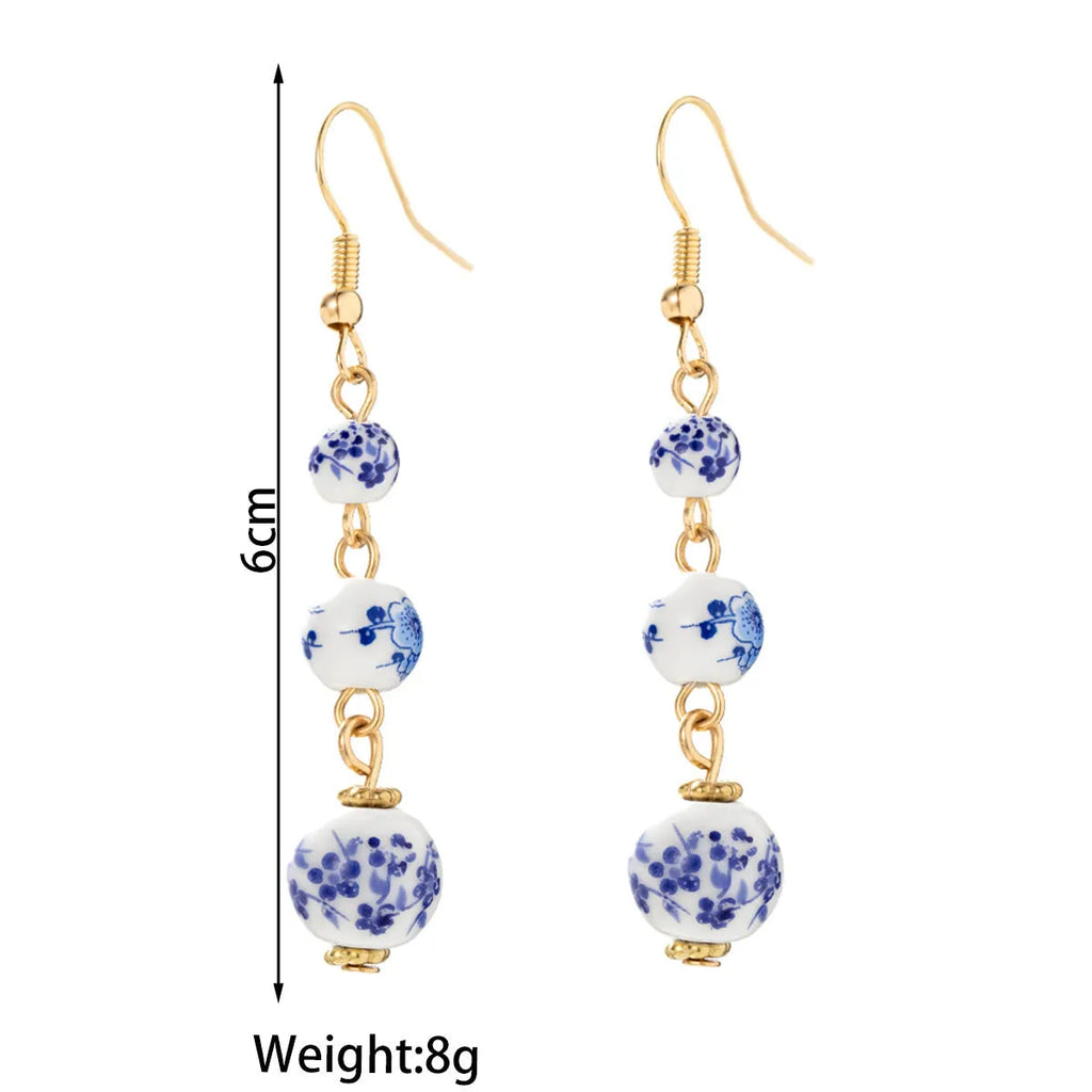 Blue and white porcelain ceramic bead retro earrings with geometric Chinese style design