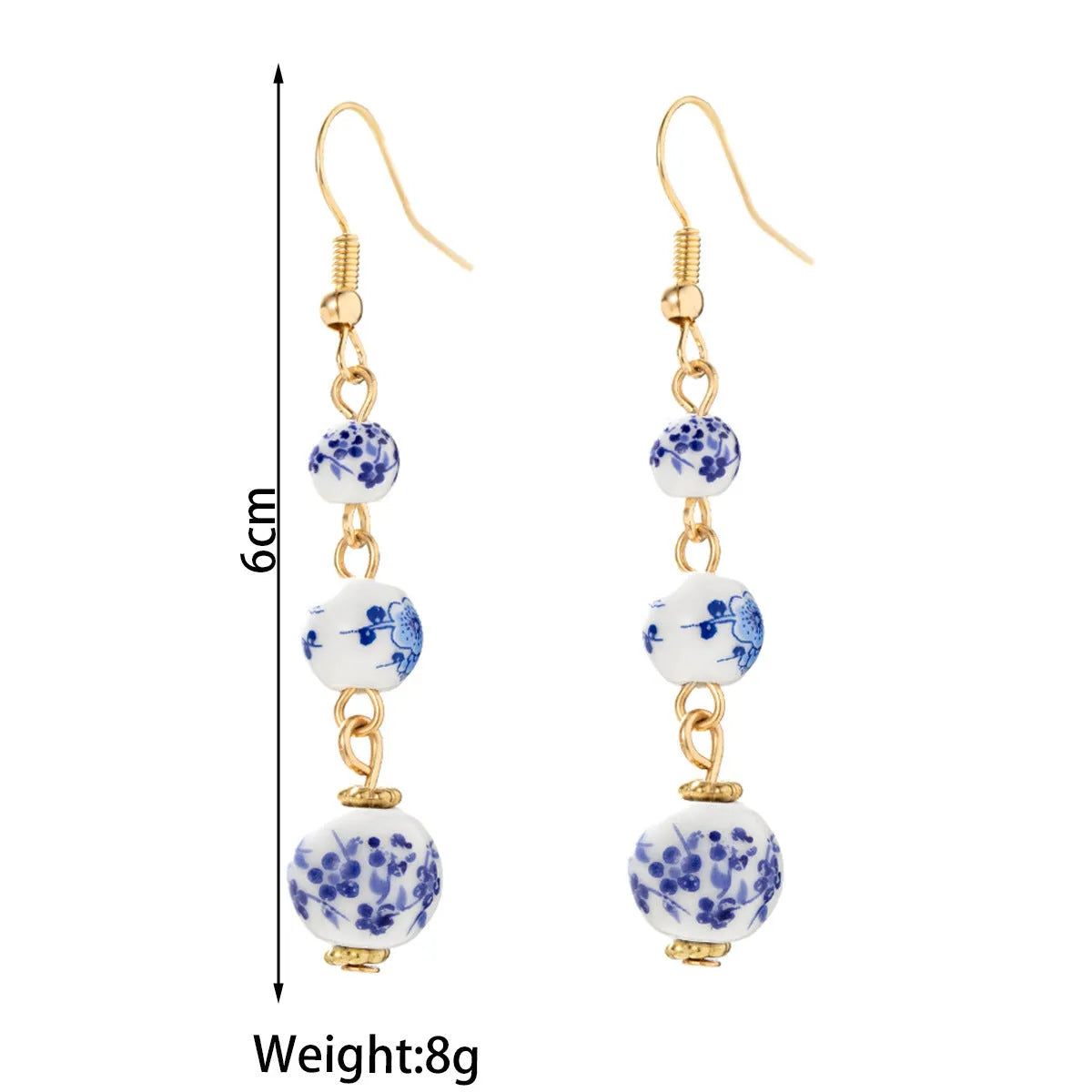 Blue and white porcelain ceramic bead retro earrings with geometric Chinese style design
