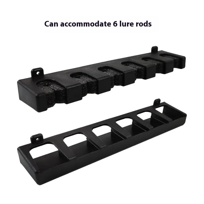 Black ABS plastic wall-mounted fishing rod holder showing horizontal and upright vertical mounting options