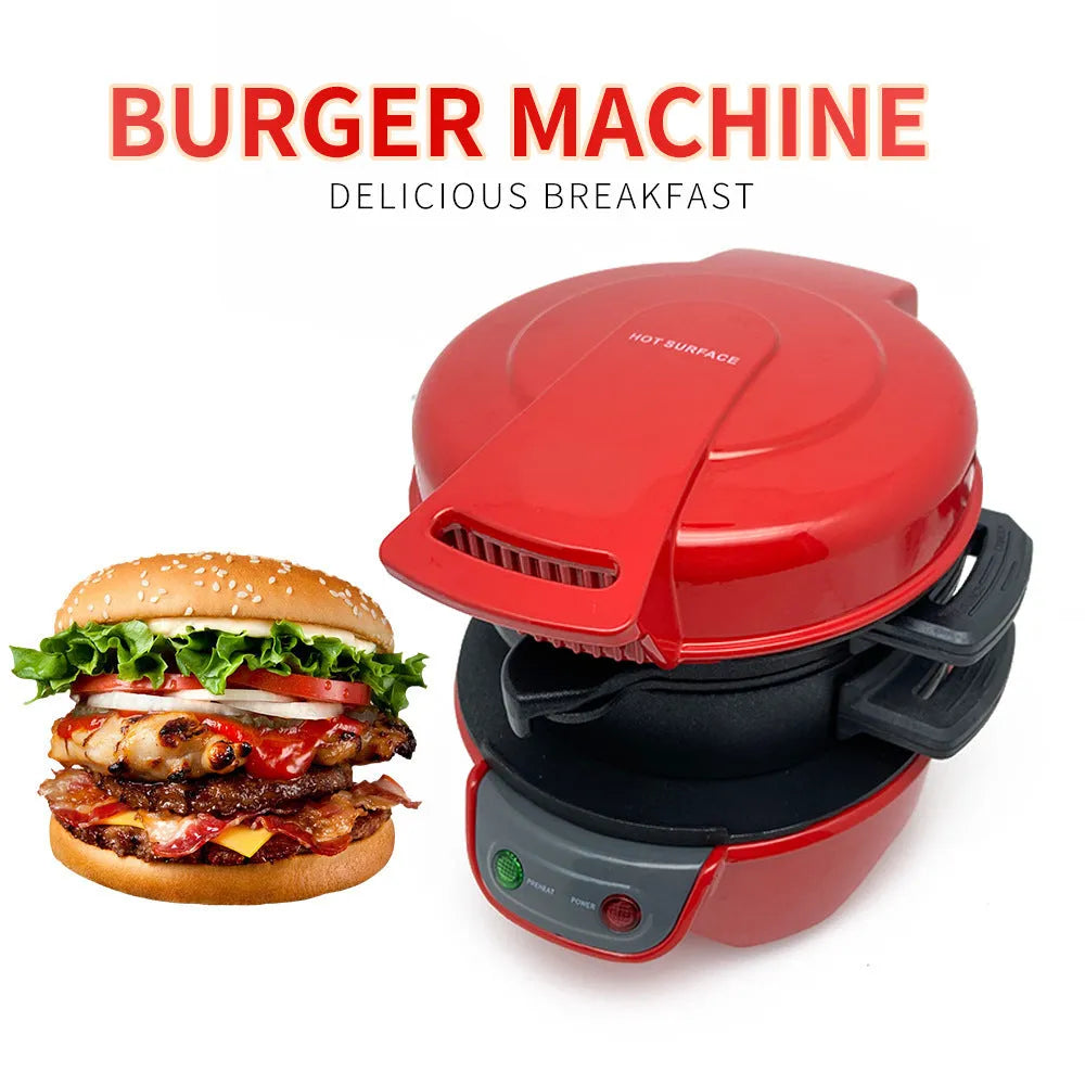 Bright red breakfast sandwich maker with egg cooker ring and waffle plates on kitchen counter