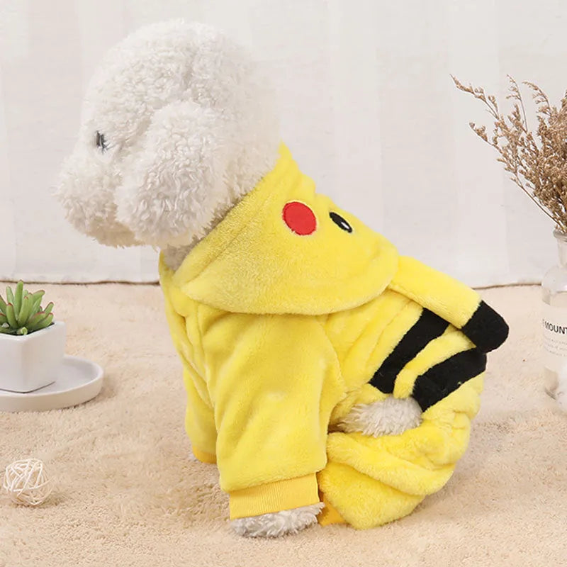Fleece cat coat with hood, shown on a cat, available in multiple sizes for autumn and winter wear.