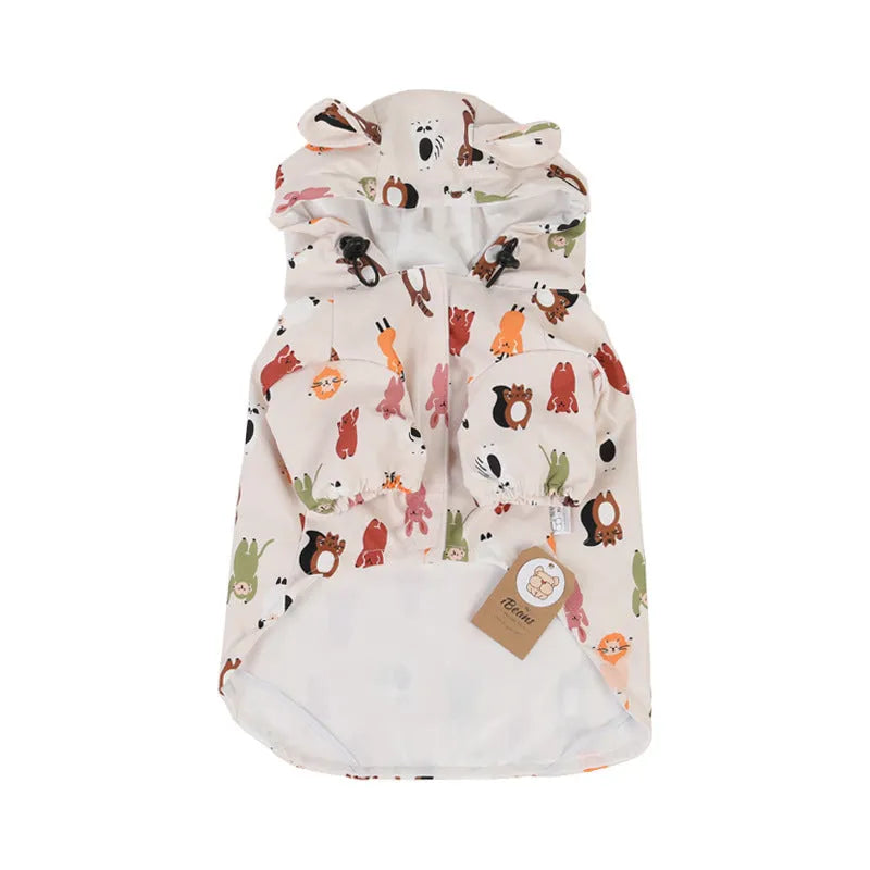 Beige cartoon dog raincoat with animal design and waterproof PU coating