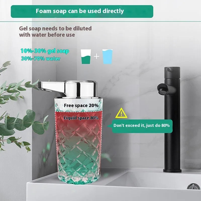 Automatic sensing soap dispenser with silver-plated PET shell and USB-C charging port.