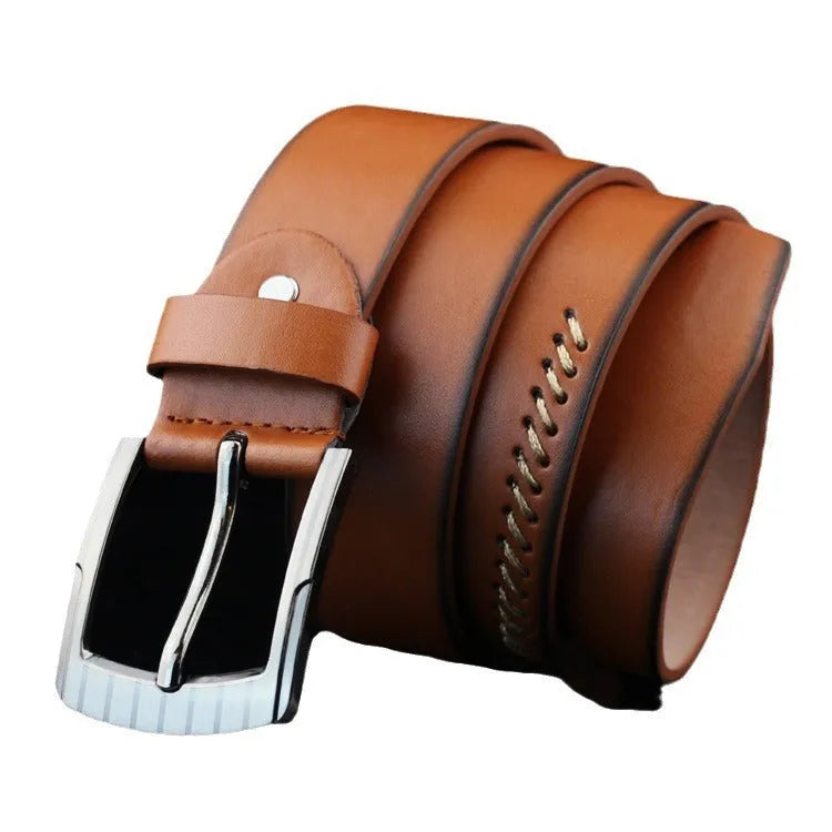 Men's black retro-style pin buckle belt with pattern detail on imitation leather strap.