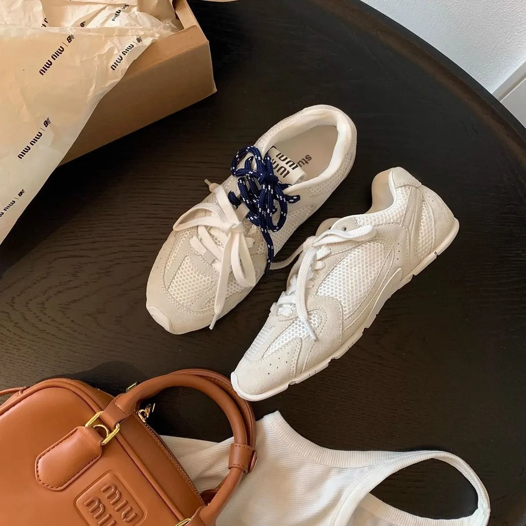 Women's retro German training sports casual shoes in milky white or khaki with flat heel, round toe and front lace-up