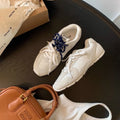 Women's retro German training sports casual shoes in milky white or khaki with flat heel, round toe and front lace-up