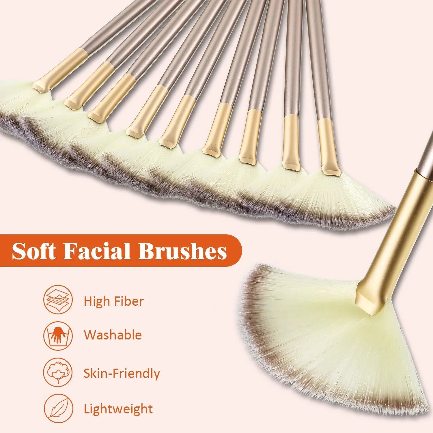 Ten champagne-coloured facial fan brushes with soft bristles and protective covers laid out.