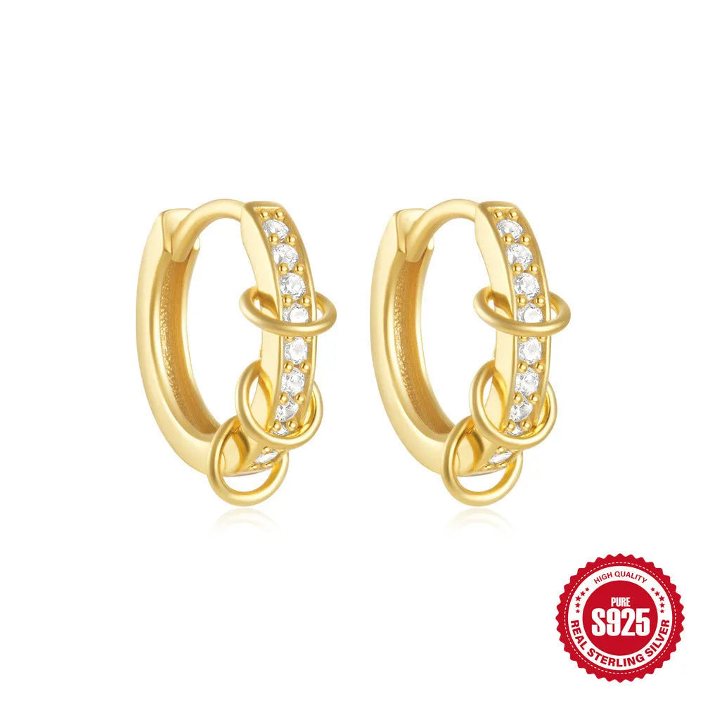 Sterling silver geometric stud earrings with small round design in gold or silver electroplated finish