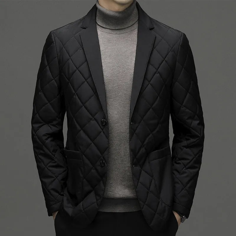 Men's black thick down jacket with lapel collar and side seam pockets, cardigan style.