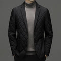 Men's black thick down jacket with lapel collar and side seam pockets, cardigan style.