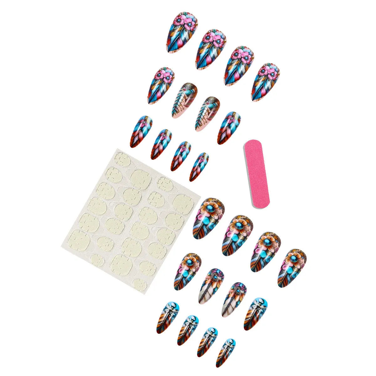 Plastic nail art set with retro designs of colourful feathers, flowers, butterflies, and love hearts.
