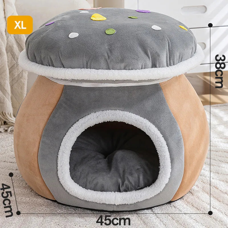 Mushroom-shaped cat bed with rabbit plush cover in grey pink purple colours