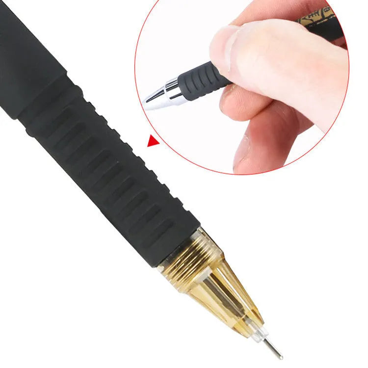 Pack of eight black gel pens with triangular grips and 0.5mm tips, shown with bullet and needle style options.