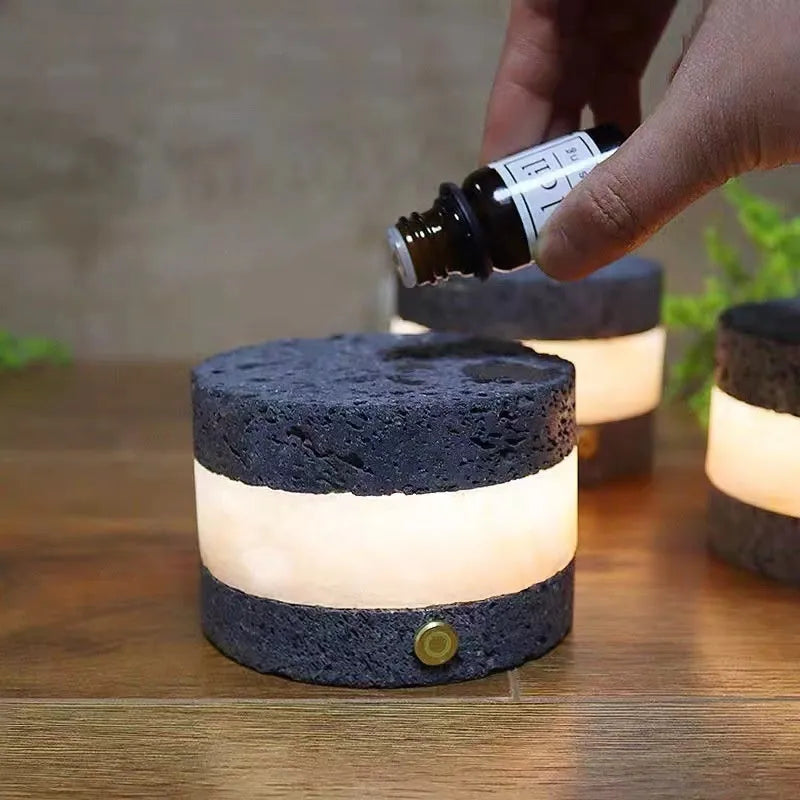 Orange volcanic rock USB night lamp with touch dimming and essential oil diffuser measuring 9cm by 7.5cm