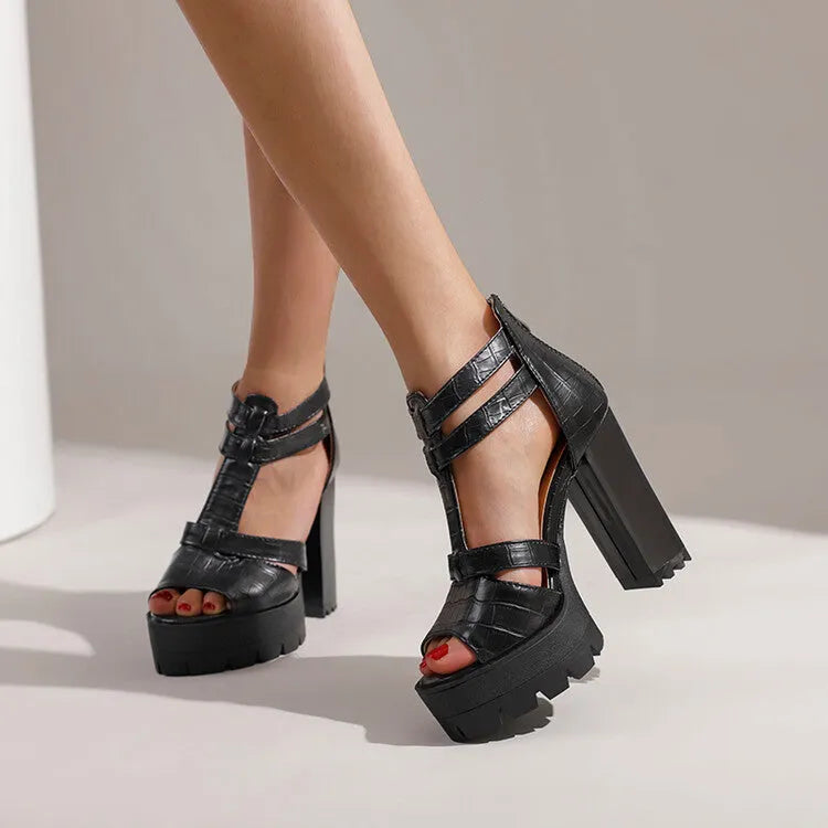 Black platform high heel sandals with round toe and back zipper closure