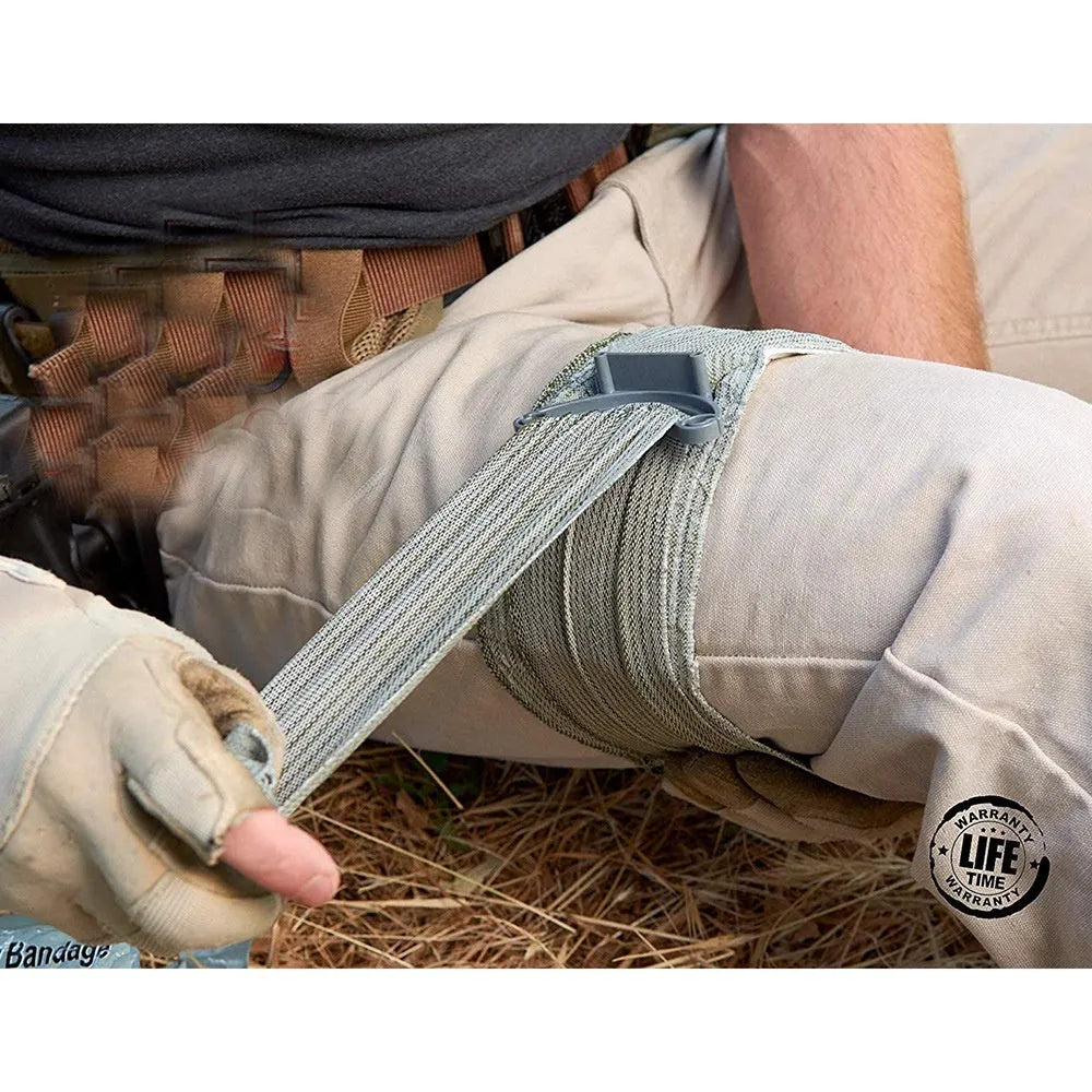 Portable hemostatic bandage kit containing tactical gauze tape in 4 inch or 6 inch sizes.