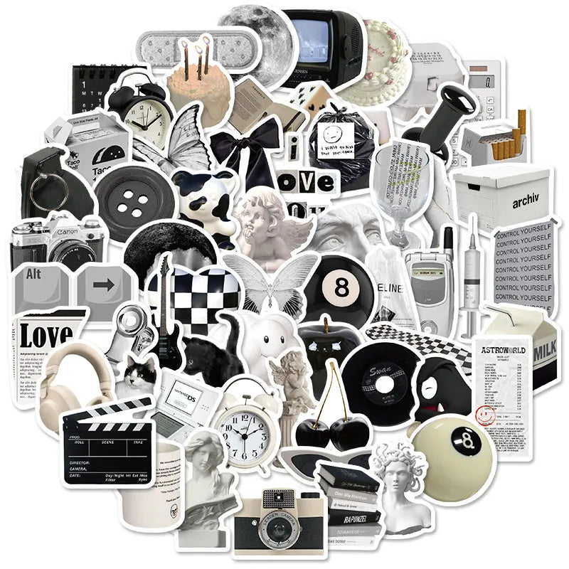 Black and white waterproof PVC sticker pack with coffee cup designs for laptops and phones