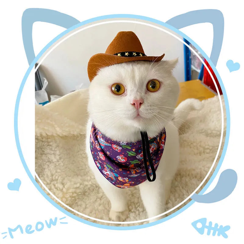 British-style brown cowboy hat for a cat on a mannequin head.