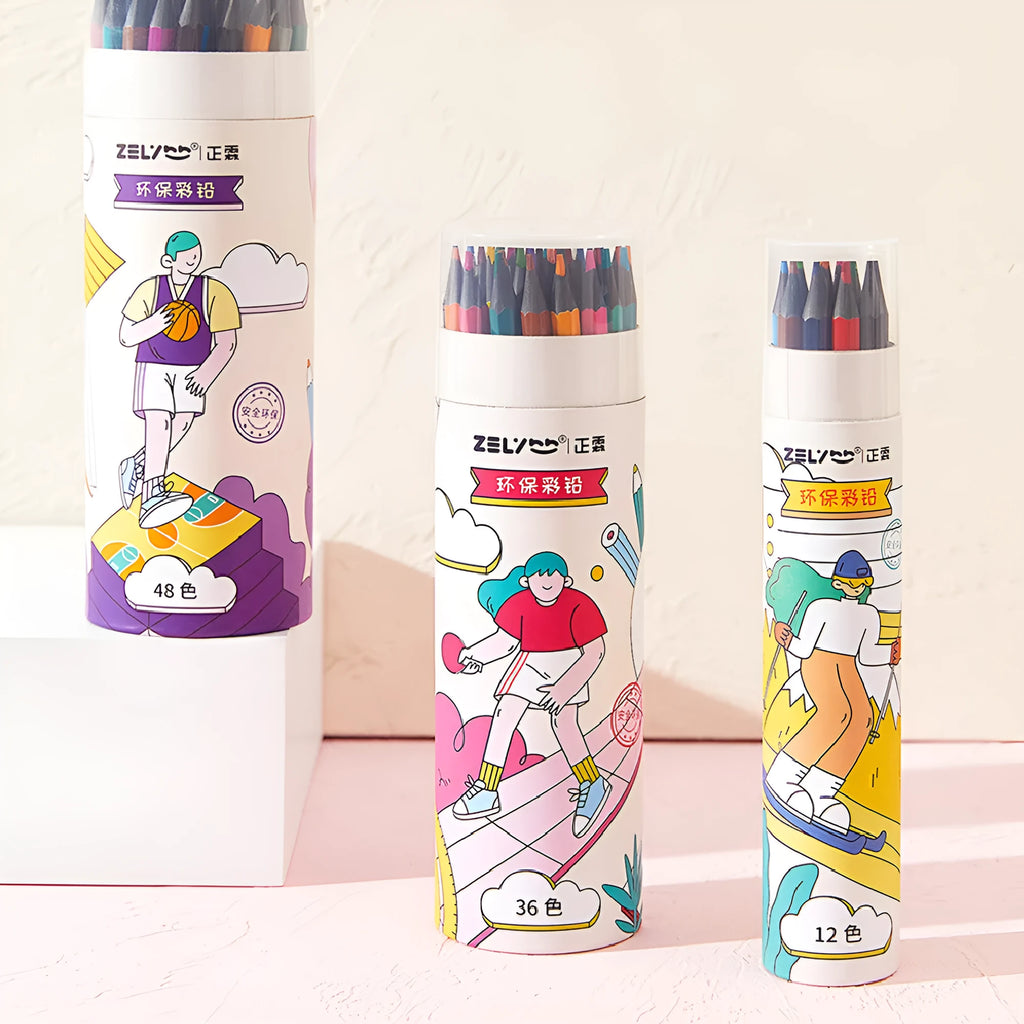 Zhenglin Sports Series colour pencils in a set with paper barrels, showing multiple colour options.