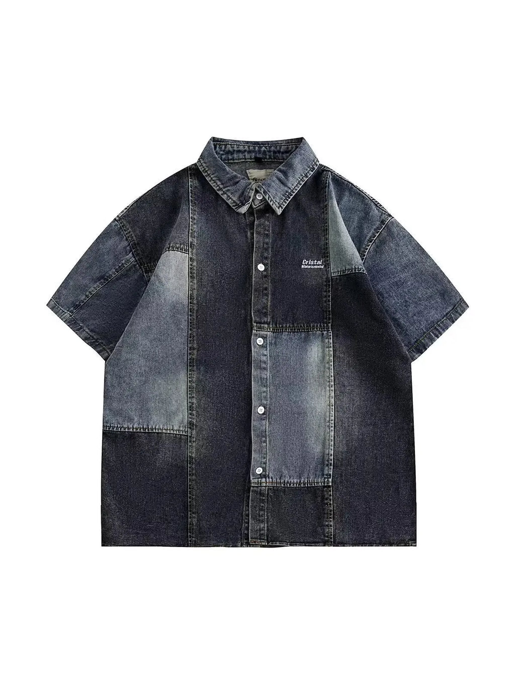 Blue loose-fit men's denim shirt cardigan with retro washed stitching on a hanger.