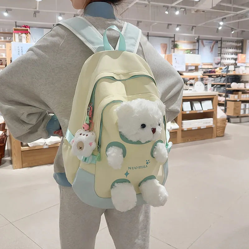 Cute bear nylon schoolbag with curved shoulder straps, macaron colours, and 20-35L capacity for school and college