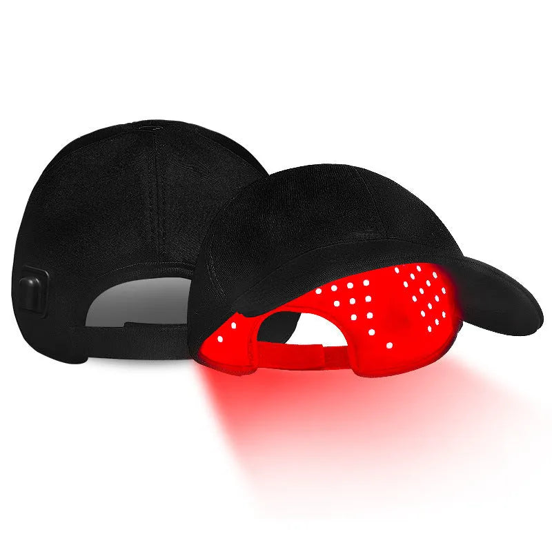 Black infrared peaked cap with LED lights for hair growth therapy treatment