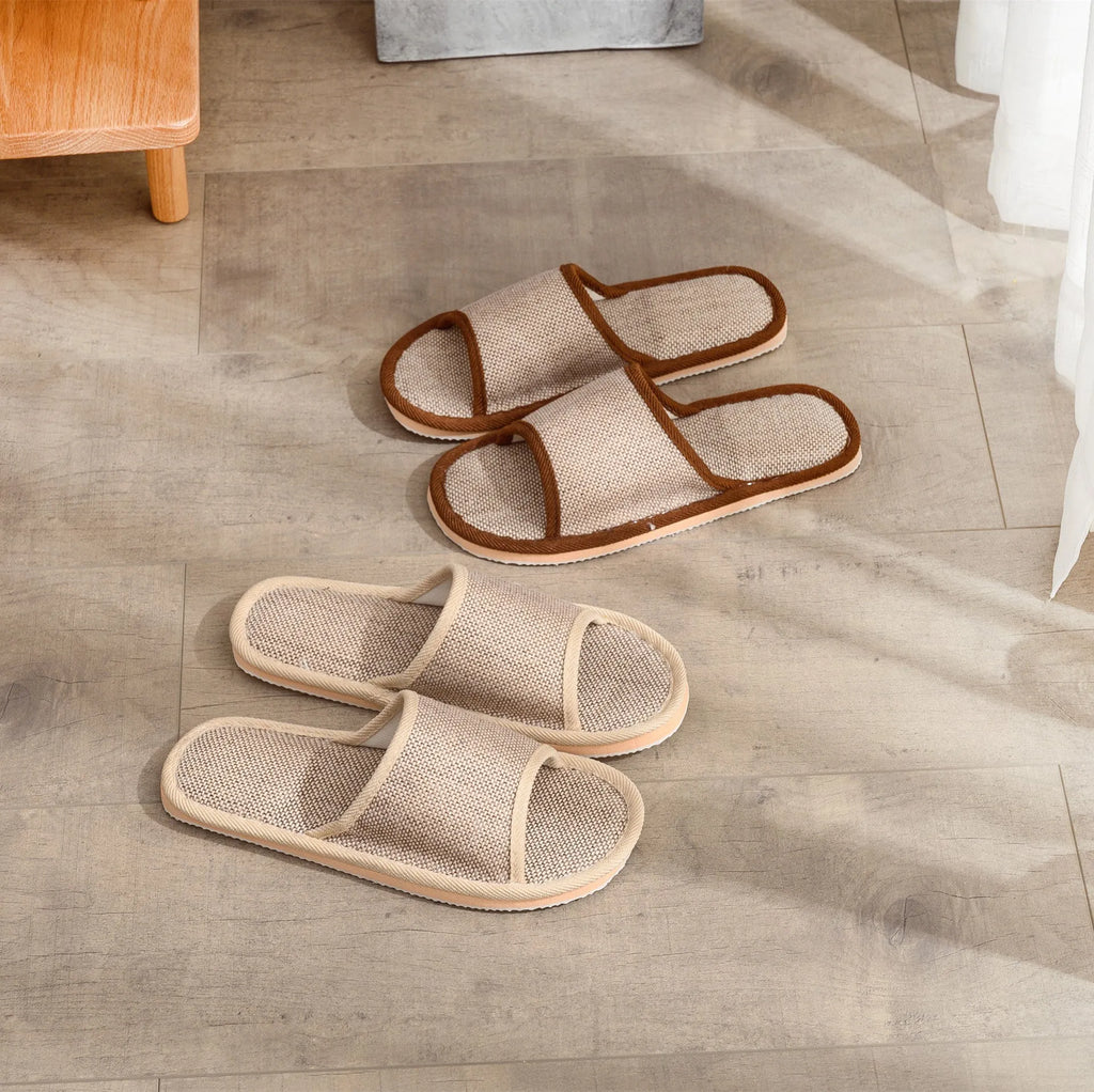 Women's open-toe linen slippers in light brown colour with a thickened sole