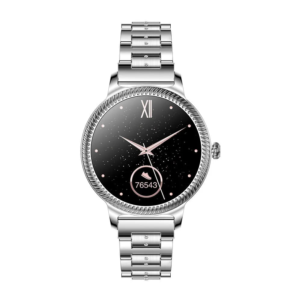 AK38 ladies smart watch with stainless steel Milanese band on a wrist, showing the 1.09-inch colour screen.
