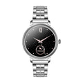 AK38 ladies smart watch with stainless steel Milanese band on a wrist, showing the 1.09-inch colour screen.
